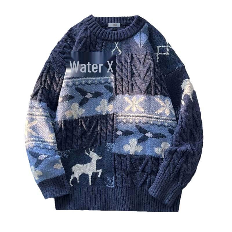 Men's Winter Guochao Jacquard Sweater – Thick, Trendy, Retro, Warm, Loose-Fit Christmas Outerwear.