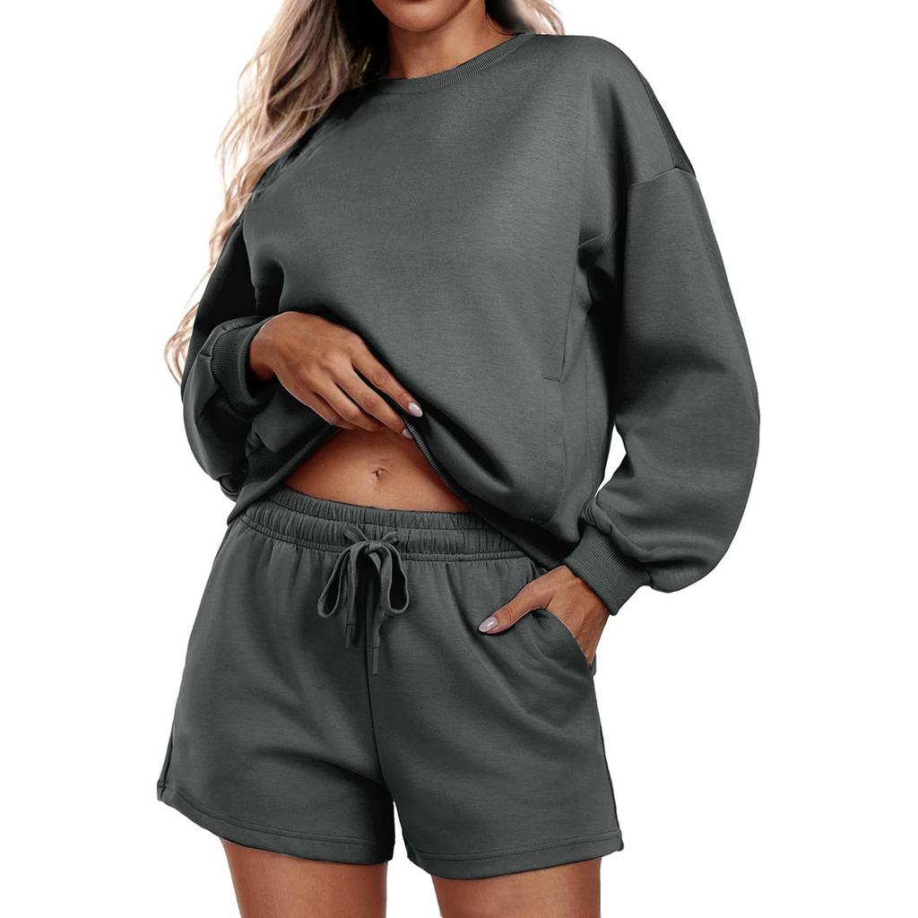 Women's Fashion Sportswear Casual Long-Sleeved Pullover Sweatshirt Drawstring Shorts Set