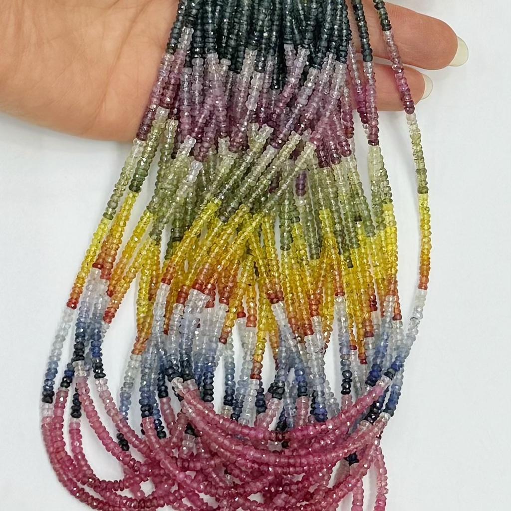 Natural Gradient Color Sapphire Abacus Beads Beveled Flat Round Faceted Long Chain