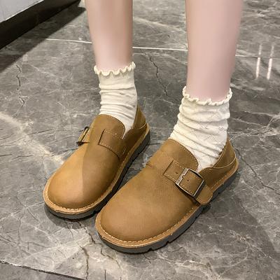 Mode Nouveau Style Luxe Cuir Chaussures Femme Printemps Rétro Bout Rond Uni Décontracté Semelle Plate en Caoutchouc Boucle de Ceinture Chaussures Simples pour Femme
