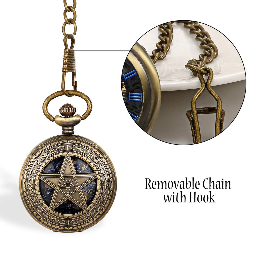 JEWELRYWE Star Pocket Watch Automatic Skeleton Roman Analog Pendant Watch Antique Style Alloy Perfect for Coming-of-Age Day, Birthday, Anniversary, Ch