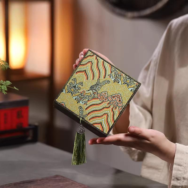 Marble Patterned Tassel Brocade Box Vintage Chinese Style Purple Clay Teapot Storage High End Souvenir Gift Box Handmade Elegant