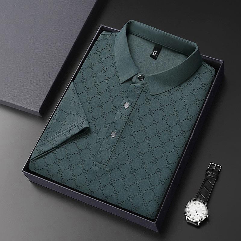 Ice Silk Short-Sleeved Polo Shirt Men'S High-End Trend Printed Thin Lapel Men'S T-Shirt Polo Shirt
