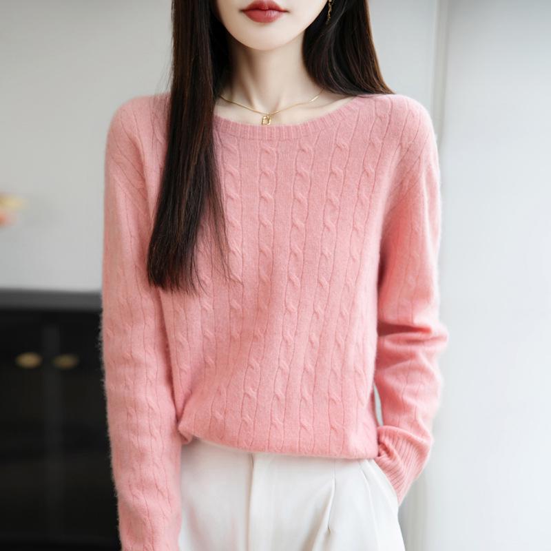 Damen Lässiger Locker Gestrickter Pullover mit Rundhalsausschnitt und Langen Ärmeln