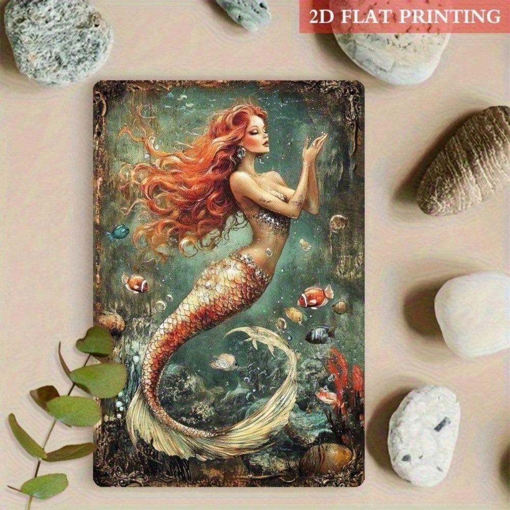 Vintage Redhead Mermaid Metal Tin Sign Retro Wall Art Rustic Hanging Plaque