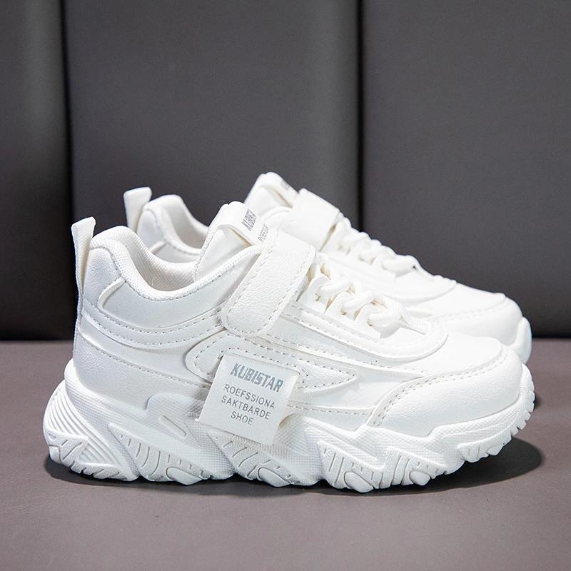 2024 Nové Všestranné Měkké Prodyšné Zapínání na Suchý zip Bílé Chlapecké a Dívčí Dětské Tenisky Roztomilý Korejský Styl Uniformní Školní Obuv