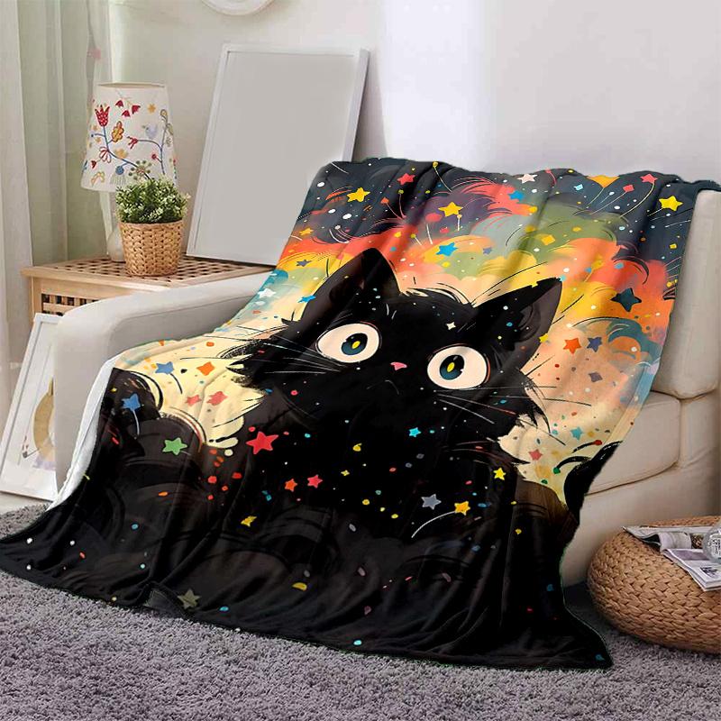 1pc Colorful Stars and Cats Cartoon Blanket  Seasonal Home Decor Gift, Living Room, Travel, Camping, Car Blankets