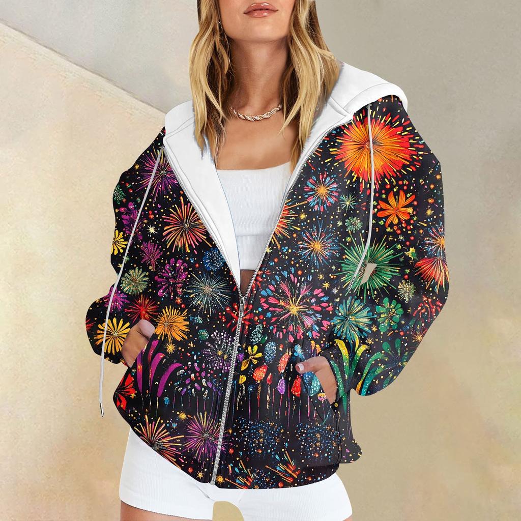 Women's Christmas Printed Sweatshirt  Winter Long Sleeve Cardigan Jacket With Pockets Zipper Hoodie Outerwear
