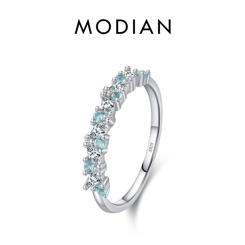 MODIAN 925 Silver Exquisite Eternity Band Paraiba Color CZ Ring Mint Green Stackable Rings For Women Fine Jewelry
