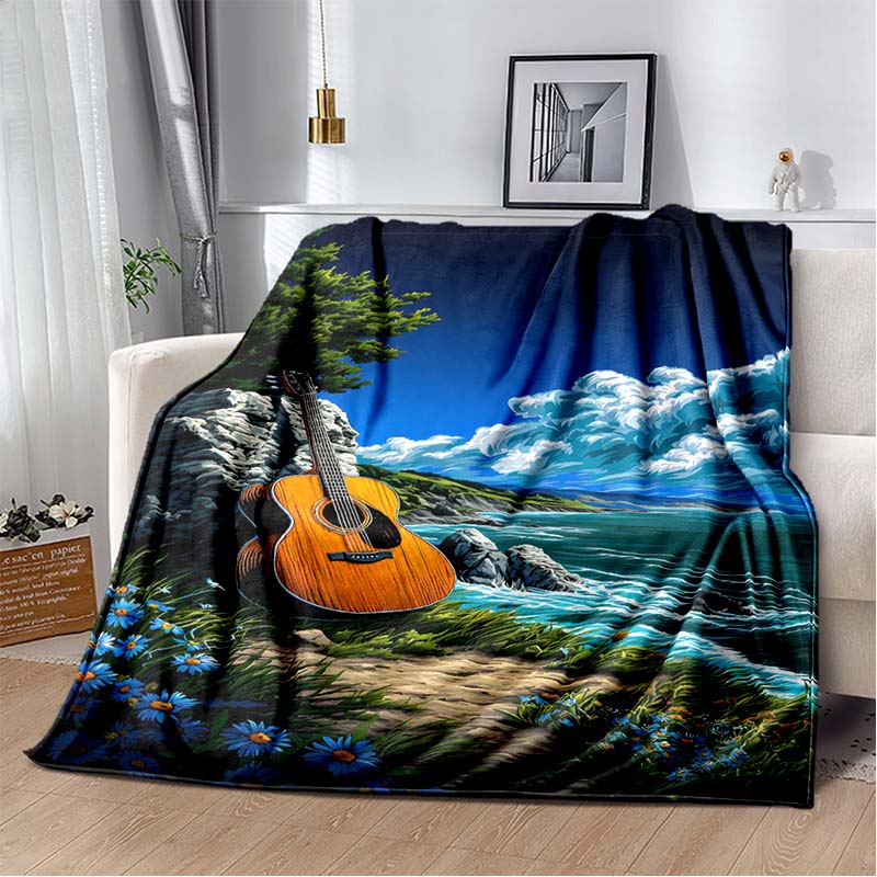 Tropical Beach Electric Guitar Print Flannel Blanket, Palm Tree & Amp Throw Blanket