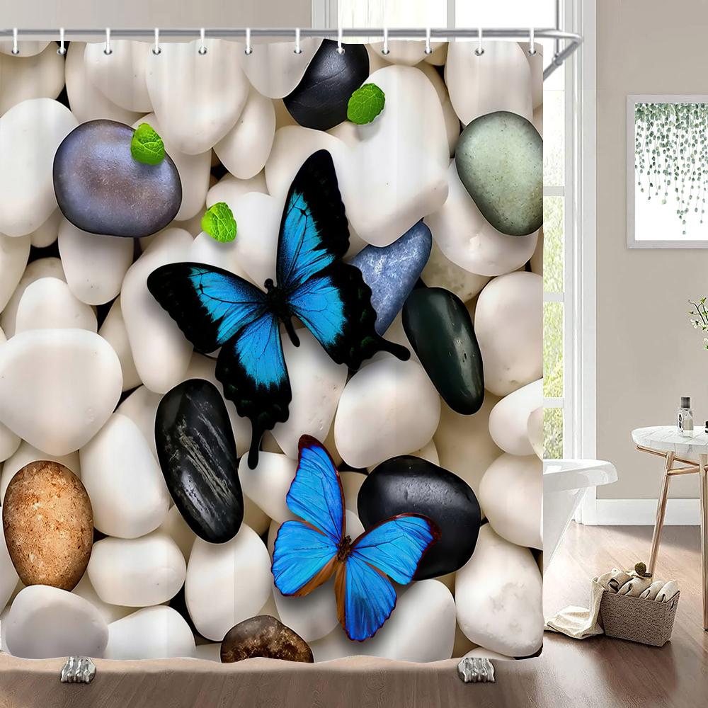

Stones And Butterfly Art Shower Curtain Zen SPA White Waterproof Bathroom Curtain Extra Long Polyester Fabric for Bathtub Decor W90xH180cm