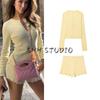 Summer New Women Clothes French Style Single Row Multi-Button Round Neck Long Sleeve Knit Top + Wave Edge Sheath Shorts