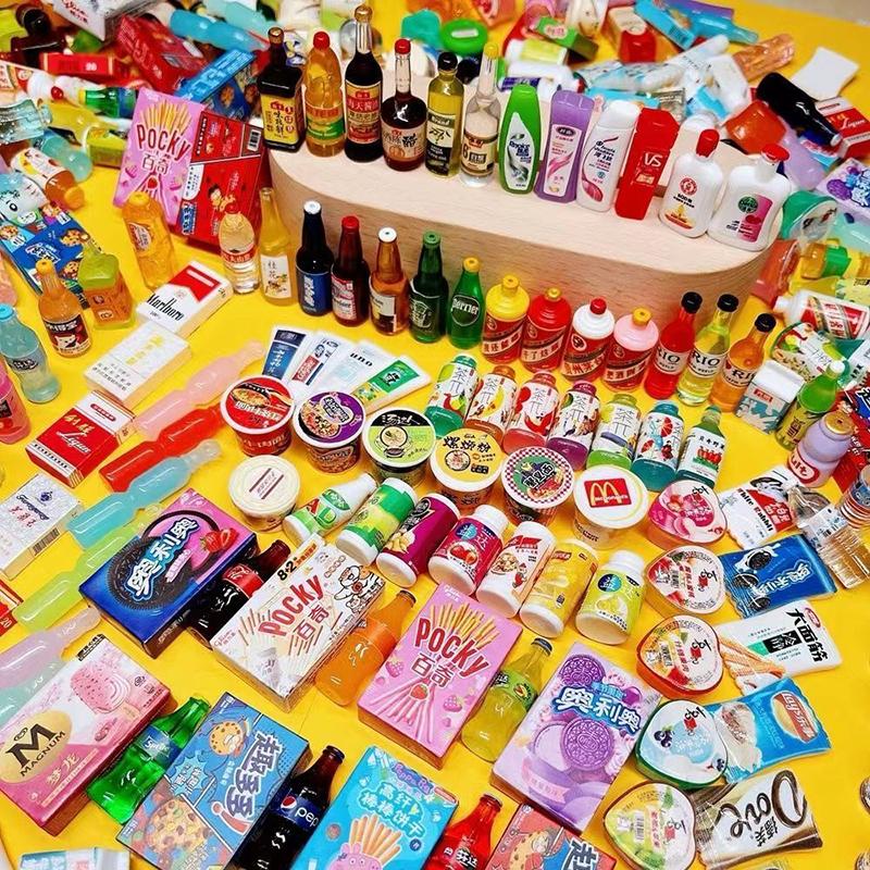 Kid Dollhouse Miniature Supermarket Food Drink Bottle Furniture Handcart Toy Doll House Store Cosplay Game Baby Play House Party