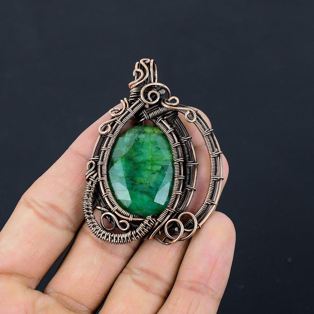 Emerald Pendant, 999 Copper Wire Wrapped Pendant Gemstone Jewelry, Handmade Pendant Amazing Jewelry, Gift For Her