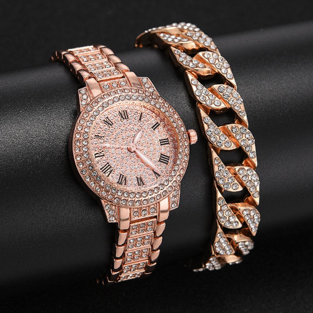 Full Diamond Roman Literary Steel Belt Watch Female Gypsy Temperament Business Quartz Watch Hip Hop Wind Full Diamond Bracelet Set