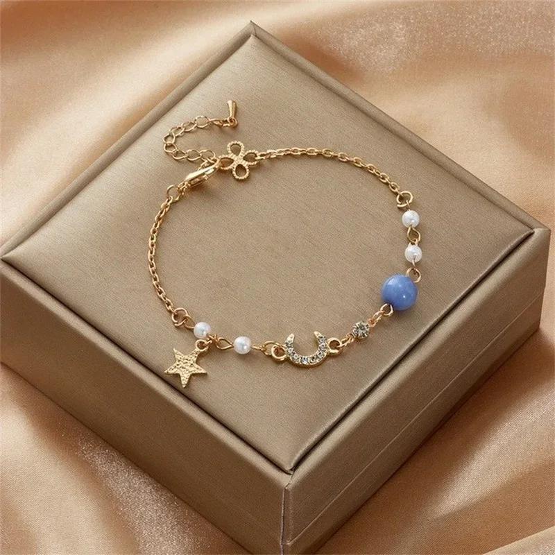 Fashion Creative Gifts Japan Korea Star Moon Bracelet For Women Pink Crystal Pearl Chain Bracelet Jewelry Accessories Party Gift