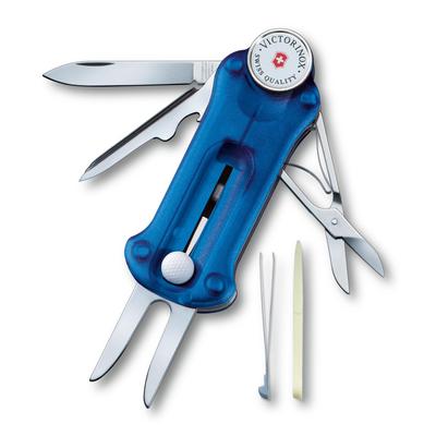 Victorinox Golf-Tool, durchscheinend blau, Golfgabel, Ballmarker mit Marker, Reparaturwerkzeug, ausgestattet mit abnehmbarem Ballmarker, Swiss Made, Sport-Tool mit 10