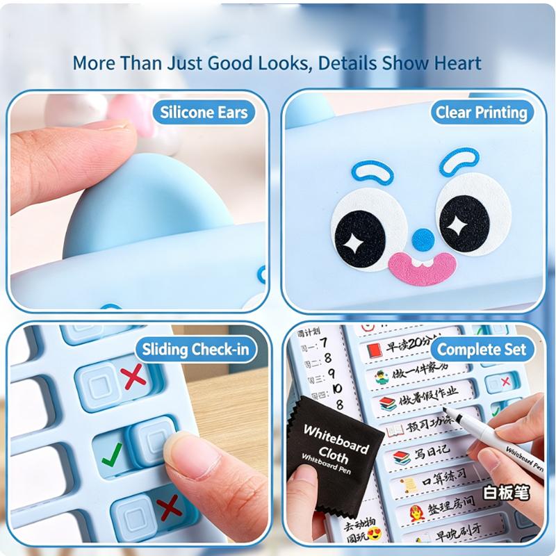 Cartoon Kids Habit Tracker with 8 Dry Erase Markers, Erasable Whiteboard for Study Schedule & Time Management