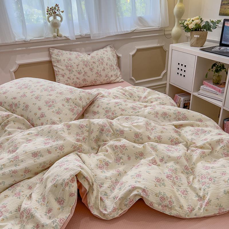Cream Wind Double Yarn Bedding Four-piece Set Skin-friendly Breathable Washed Sheets Quilt Cover Pillowcase
