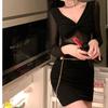 Sweet and Spicy Style Elegant Mesh V-neck Long-sleeve Dress for Women, Early Spring New Tight Slimming Inner Layer, Bodycon Pencil Skirt