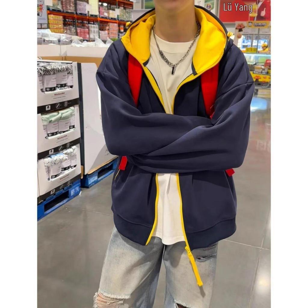 Men's Retro Color Block Hooded Cardigan Sweatshirt for Autumn/Winter