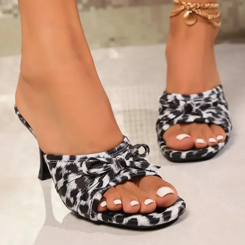 Fashion Female Shoes On Sale 2024 New Open Toe Women's Slippers Summer Bow Tie Leopard Print Sexy Dress Stilettos or Thin Heels Slippers