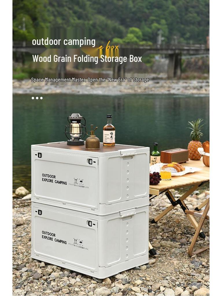 Portable Wheeled Camping Storage Box with Wooden Lid and Side-Opening Access