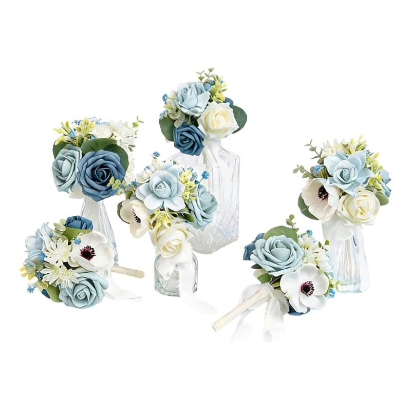 6Pcs Wedding Bouquets with Ribbon for Bride and Bridesmaid Realistic Artificial Rose Flower Bouquets Photography Tool