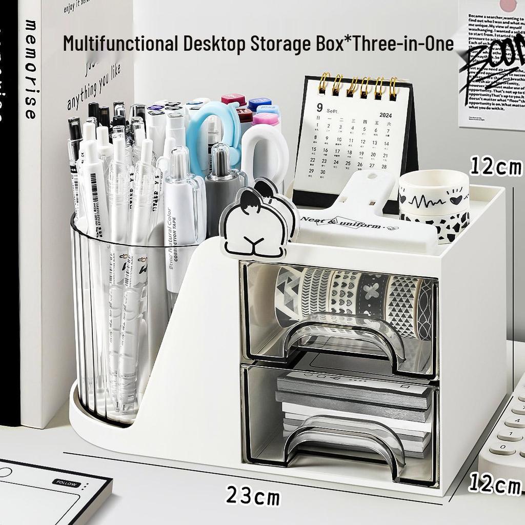 Large Capacity Rotating Pen Holder with Drawer - Desktop Stationery Organizer for Students and Offices
