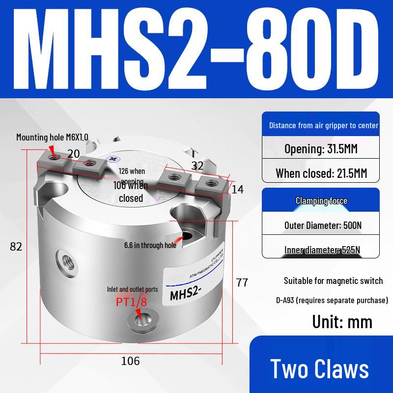 Pneumatic Gripper with Dual, Triple, and Quad Jaw Options: MHS2/3/4-16D/25D/40D/50/63D Clamping Cylinder