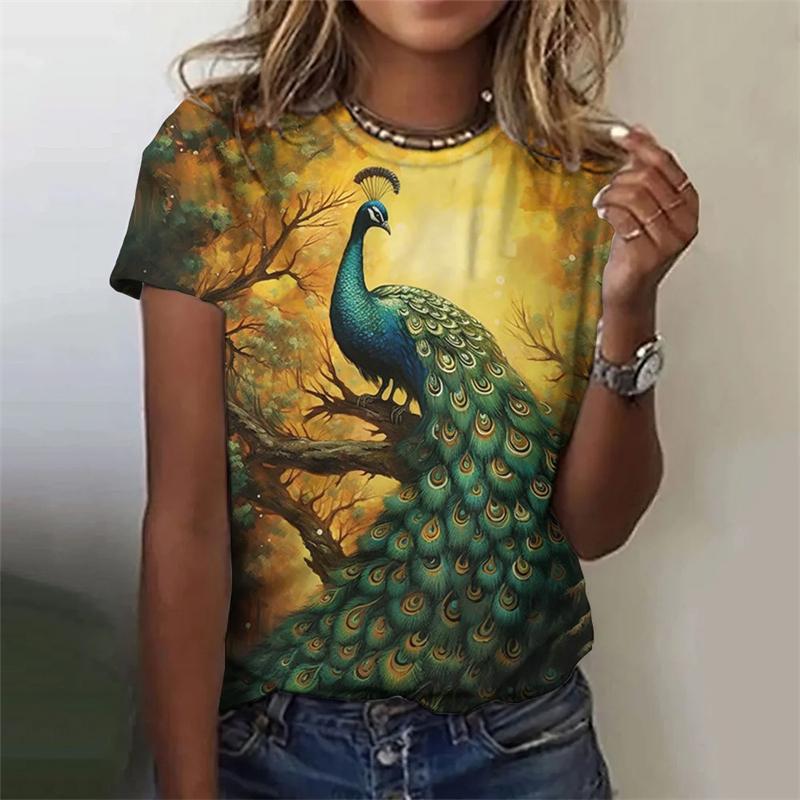 Fashion Women's T-shirt With Cute Peacock Graphic 3D Printed Short Sleeve Summer T-shirts Oversized Loose Women's Clothing