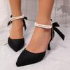 Escarpins à Talons Hauts à Bout Pointu et Bride Cheville en Perles pour Femme Satin Blanc Nœud Papillon Chaussures de Fête de Banquet Femme Escarpins Élégants à Talons Aiguilles
