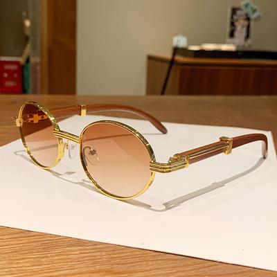 Retro Wood Grain Oval Metal Frame Sunglasses UV400 Trendy Fashionable UV Resistant Myopia Glasses for Men Women
