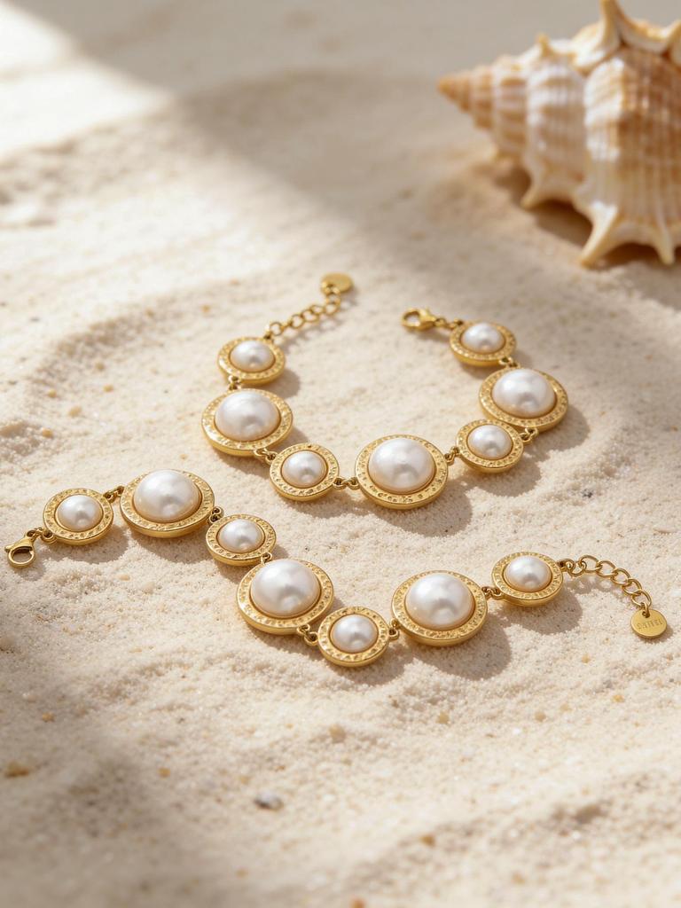Chic Stainless Steel Bead Ring Bracelet: Elegant European-American Light Luxury Jewelry Set