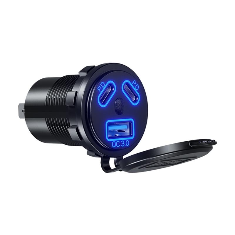 Double PD45W Fast Charging Car Charger Socket with LED Light Waterproof USB QC3.0 Charger Adapter for 12V/24V Car Boat