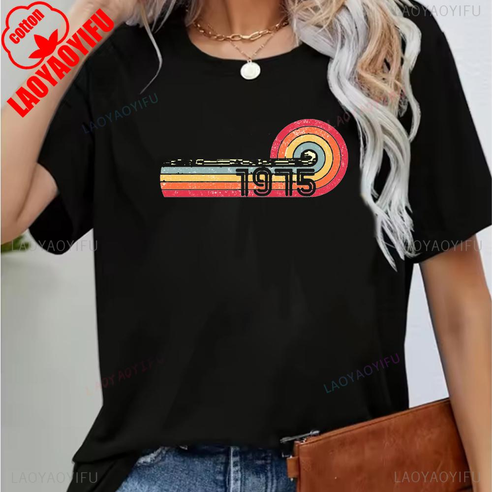 Vintage 1975 Funny 50Th Birthday Gifts 50 Years Old Retro Print T-Shirt Short Sleeve Crew Neck Casual Top for Summer & Spring