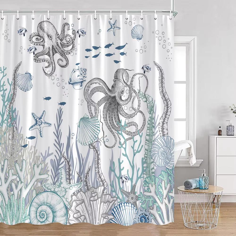 Oktopus Meeres Duschvorhänge Badevorhang 180*180cm Wasserdicht Badezimmer Heimdekoration Waschbarer Stoff Badezimmer Sichtschutz Mit 12 Haken