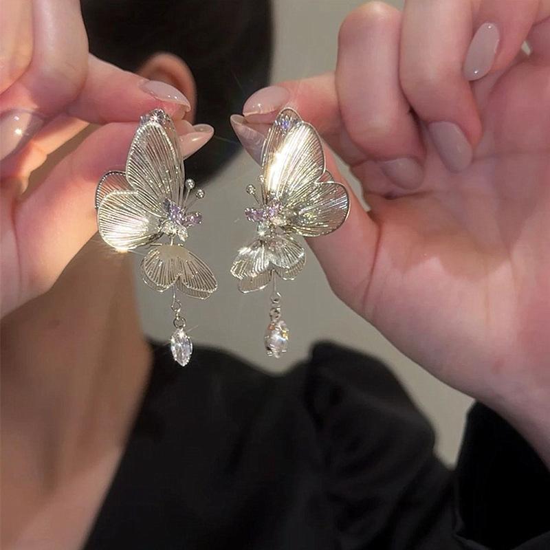 Purple Zircon Silver Color Hollow Butterfly Tassel Earrings For Women Fashionable Daily Accessory Party Birthday Gifts