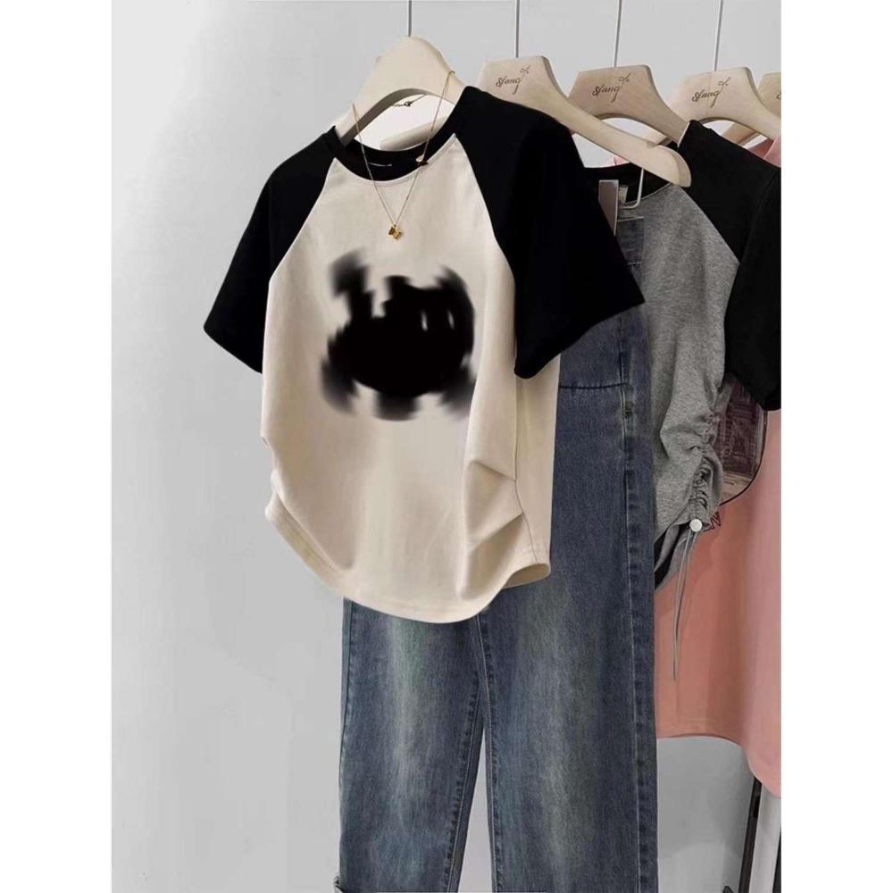 

Color Blo ort Sve round Ne T-irt Women s Slim Fit Vintage American Sle Retro INS Faion Top Trendy Streetwear 6XL