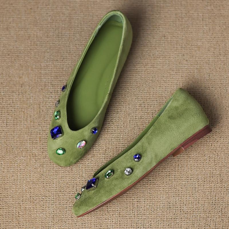 Fashion Shiny Colorful Rhinestone Decorated Flats Women Elegant Cozy Round Toe Shallow Low Heel Pumps Luxury Suede Brand Designer Shoes