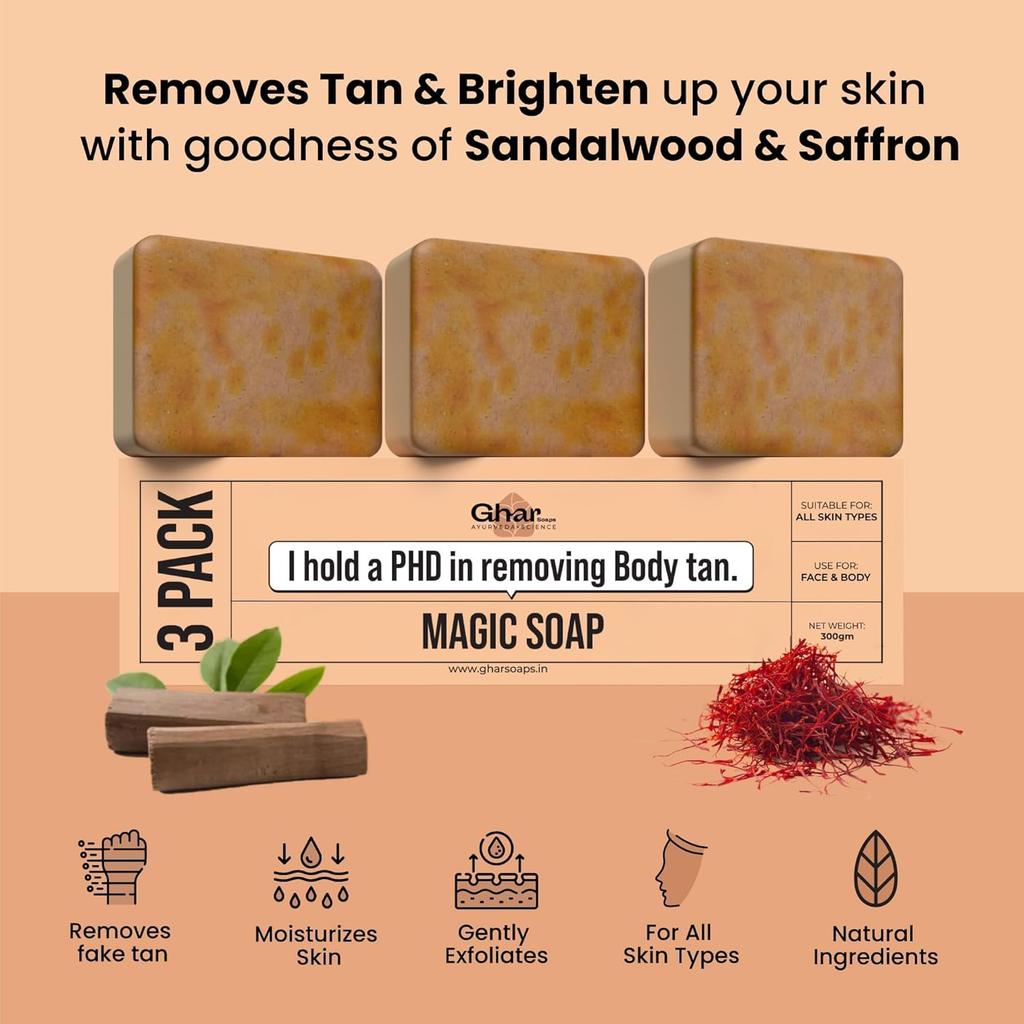 Ghar Soaps Sandalwood & Saffron Magic Soaps For Bath (300 Gms Pack Of 3) | Handmade Soaps For Glowing | Skin Brightening Soap For Men & Women