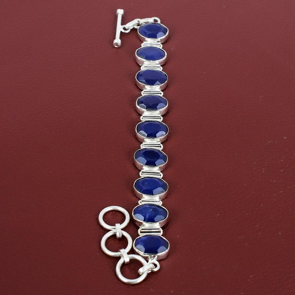Faceted Blue Sapphire Bracelet Dainty Jewelry 925 Sterling Silver Bracelet Gemstone Handmade Jewelry Adjustable Chain Bracelet Gift For Wife