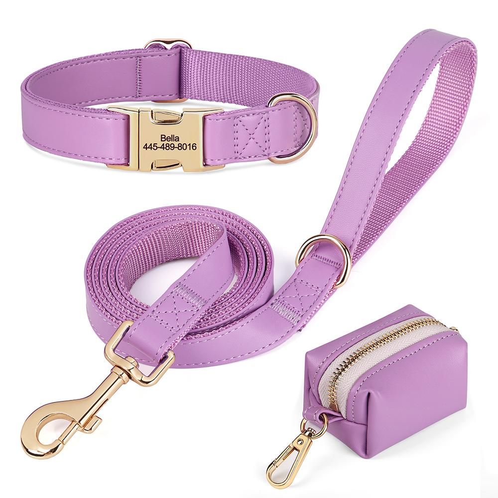 

Personalized Dog Collar Leash Bag Set Custom PU Leather Dog Collars Colorful Pet Necklace With Leashes Poop Bag for Dogs Pug S фіолетовий