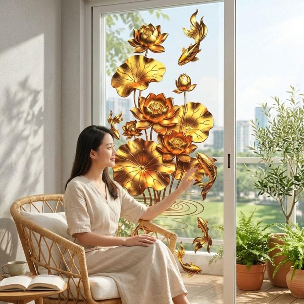 Anti-static Flower Koi Sticker Plastic 3D Effect Golden Lotus Wall Sticker Chinese Style Decorative Sticker