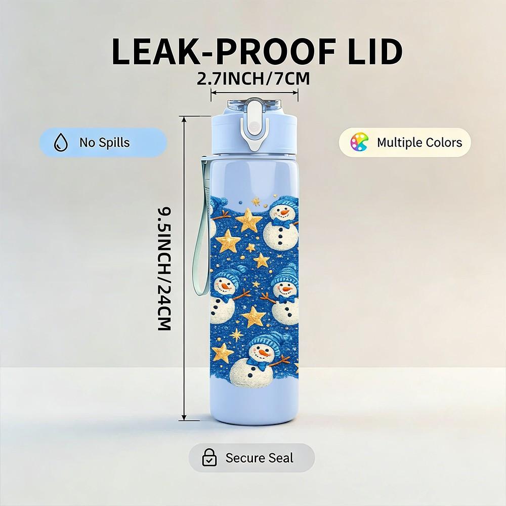 1PC Blue Base White Snowman Repeat Print 750ml Color Plastic Sports Water Bottle Leakproof Flip Straw Lid Suitable for Sports Office Home Use