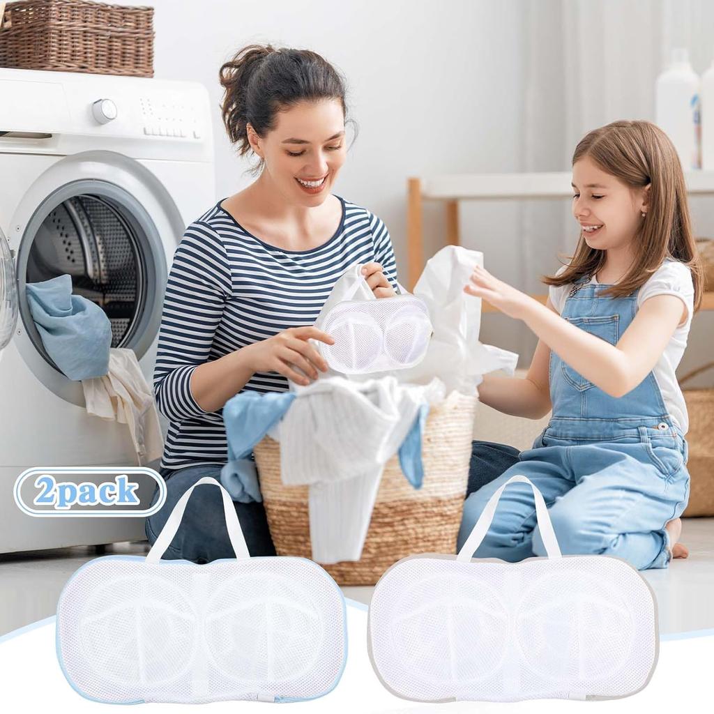 2 Pack Bra Laundry Bags for Washing Machine Lingerie Wash Dryer Bag Non-Deform 3D Protective Bracket Case with Handle and Zipper for Women Laundry