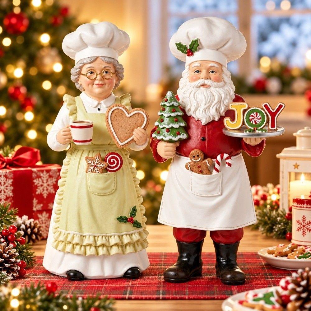 2PCS Apron Mrs. Claus Figurine Chef Hat Chef Statue Chef Santa Figurine Counter Decor