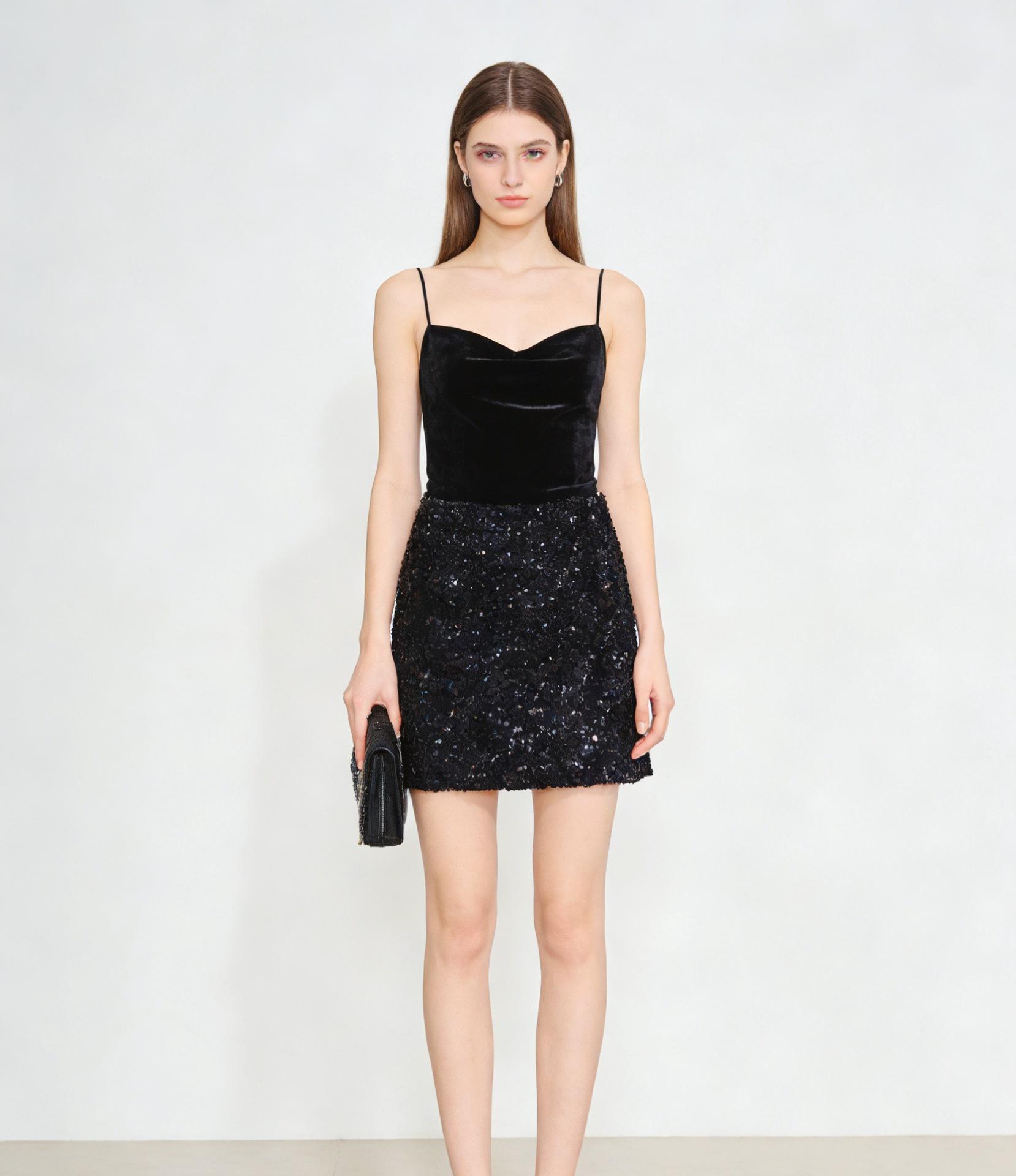 Nanyou Spring 2026 Elegant French Bling Sequin High Waist A-line Skirt Small чёрный