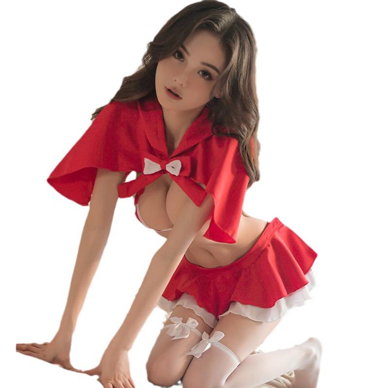 Sexy Three-Point Christmas Lingerie Kit: Women's Temptation Nightgown & Short Skirt Halloween Set