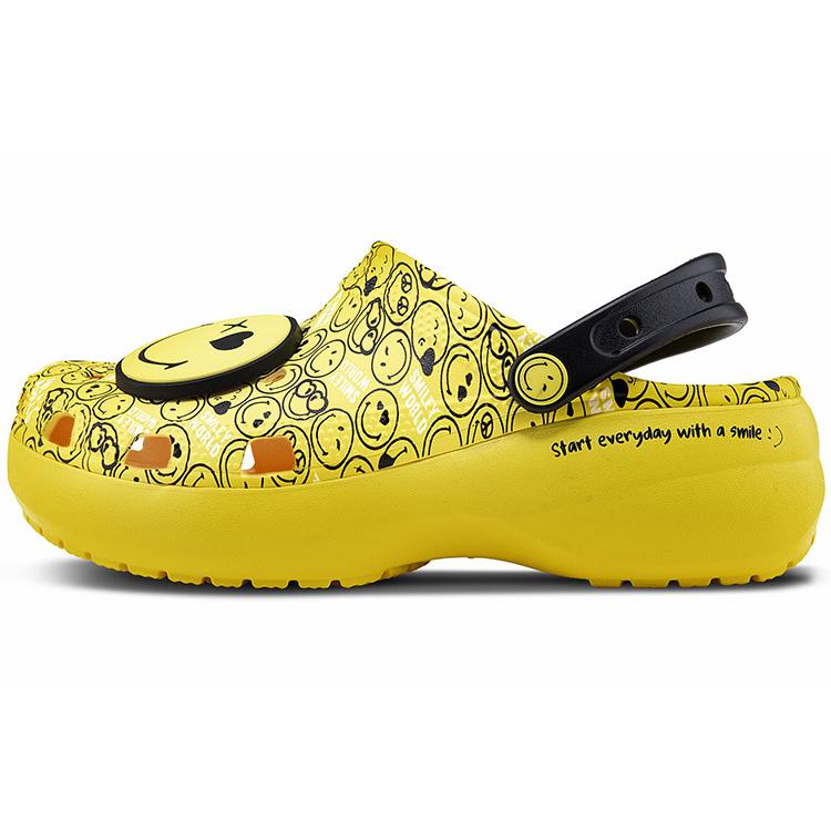 Crocs X Smiley Classic Clog На толстой подошве Лицо со смайликом Облака Сандалии Желтый Черный Женские 207233-90H 33-34